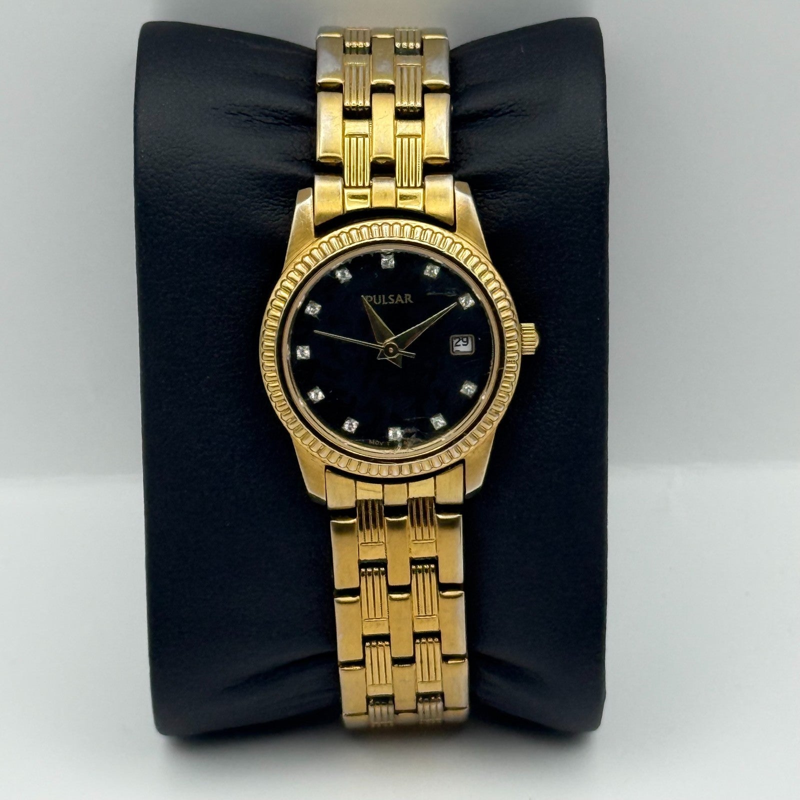 Pulsar Ladies Quartz Watch Crystal Markers Date Gold Tone Bracelet Working 25mm