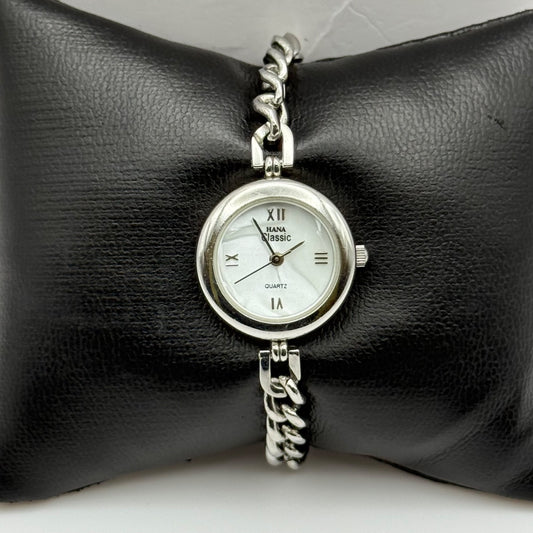 Working Hana Classic Ladies Silver Tone Curb Bracelet 22mm Quartz Watch 5.2 Inch