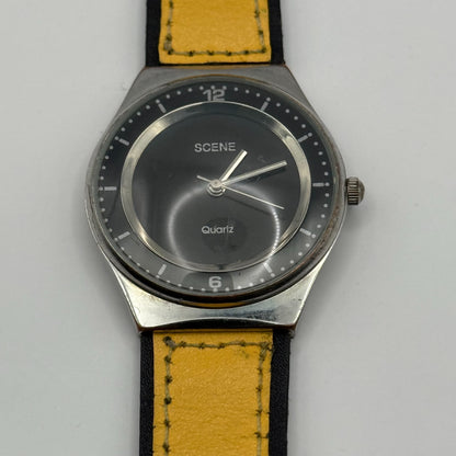 Scene Ladies Quartz Watch Black Dial Yellow Leather Strap Working 32mm