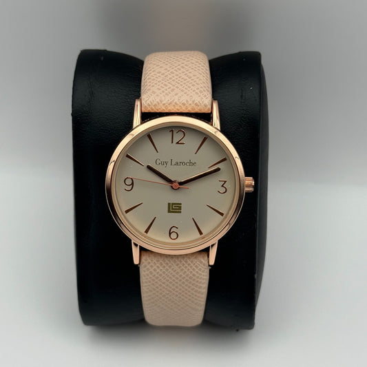 Guy Laroche Ladies Quartz Watch Rose Gold Tone Beige Strap Working 31mm