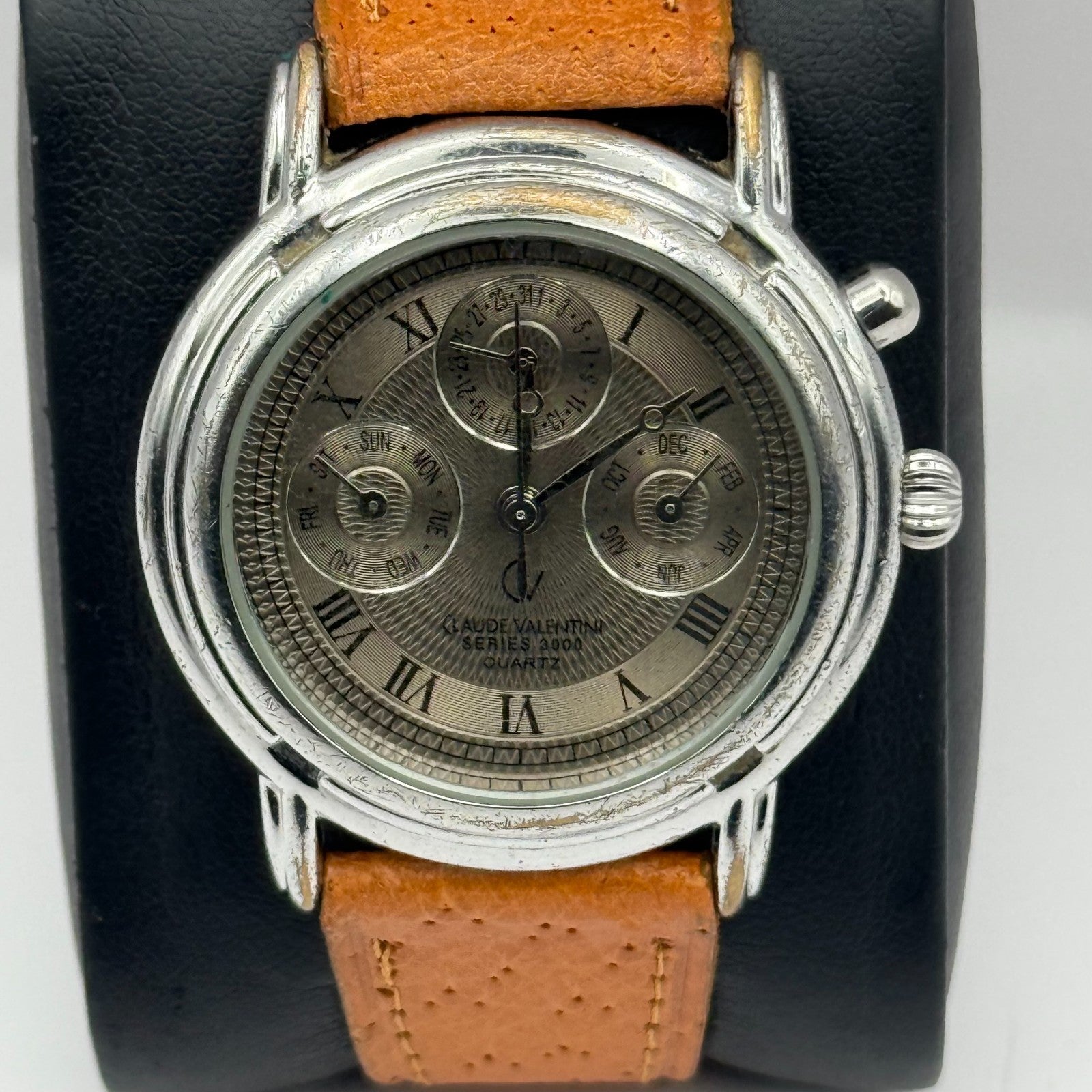 Claude Valentini Series 3000 Men's Quartz Watch Tan Leather Strap Working 36mm