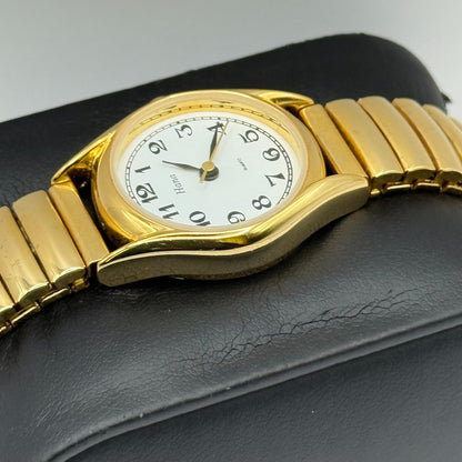 Hana Ladies Quartz Watch White Dial Gold Tone Expandable Band Steel Working 23mm