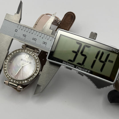 Solo Ladies Quartz Watch MOP Dial Crystal Accents Leather Strap Working 33mm
