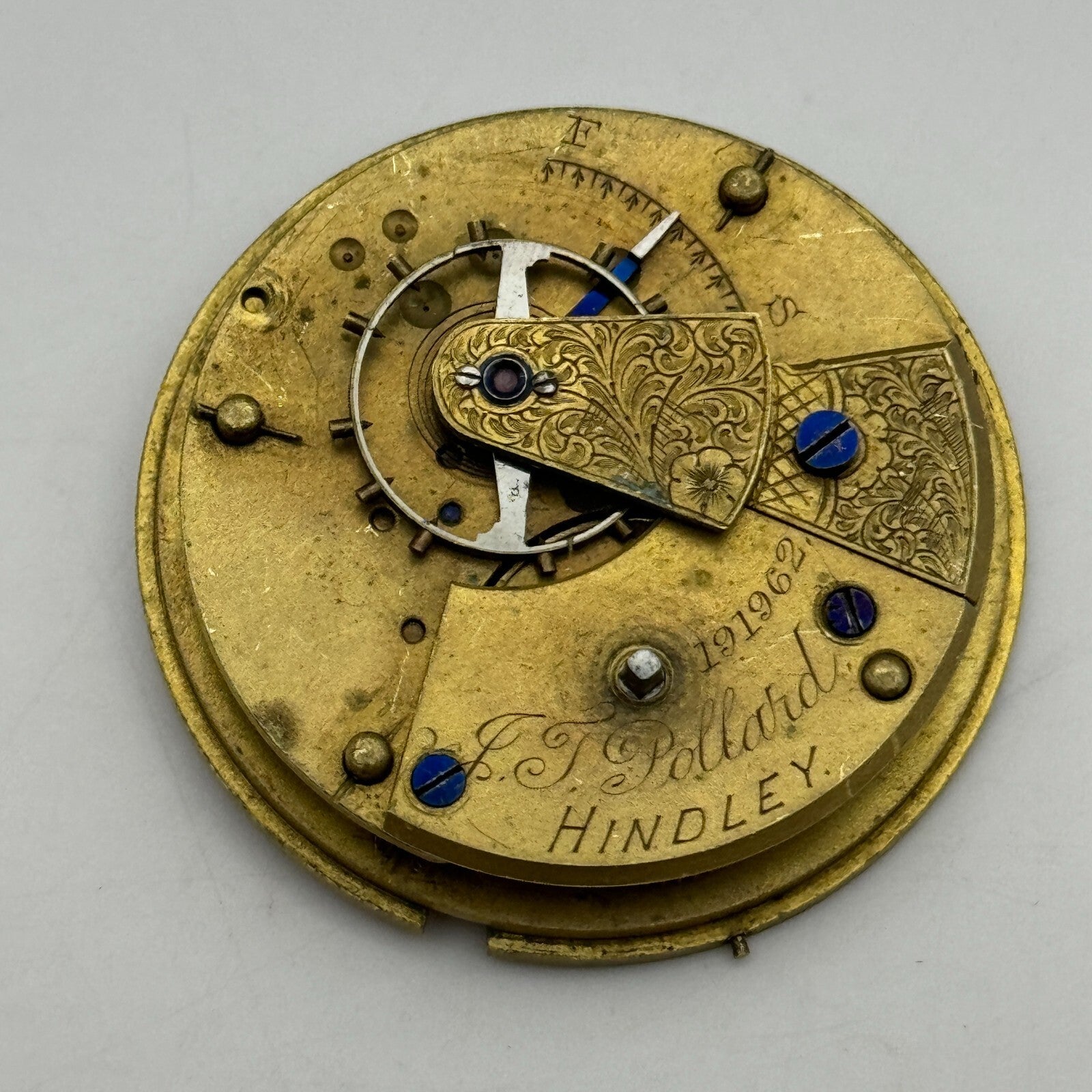 43.2mm Antique J J Pollard Hindley Key Wound Pocket Watch Movement PARTS REPAIR