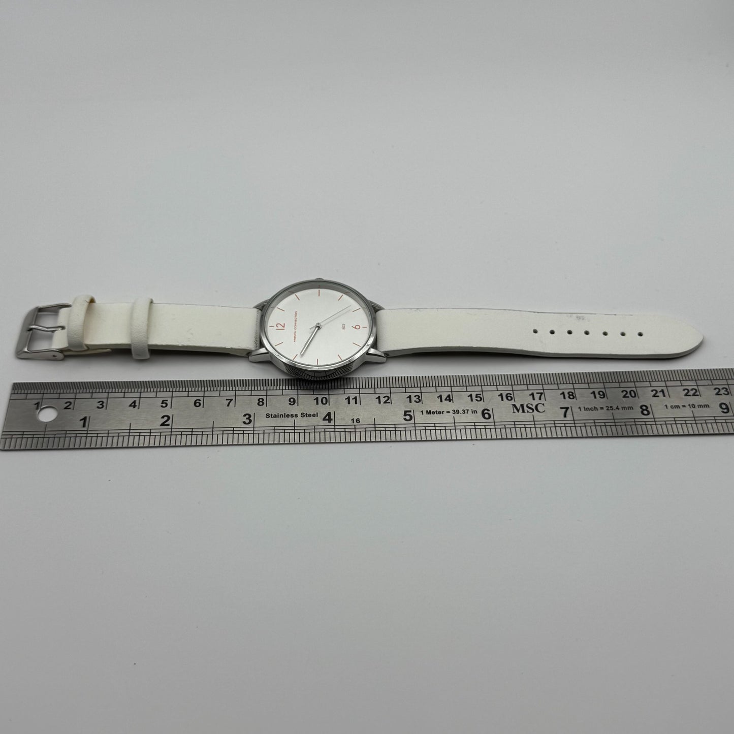 French Connection Ladies Quartz Watch White Strap Working 39mm New Battery
