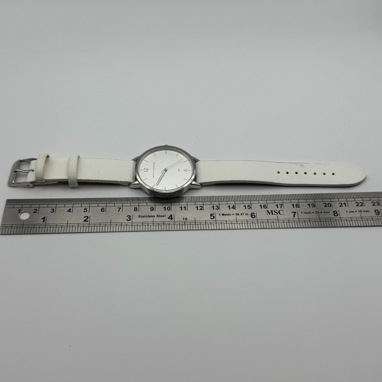 French Connection Ladies Quartz Watch White Strap Working 39mm New Battery