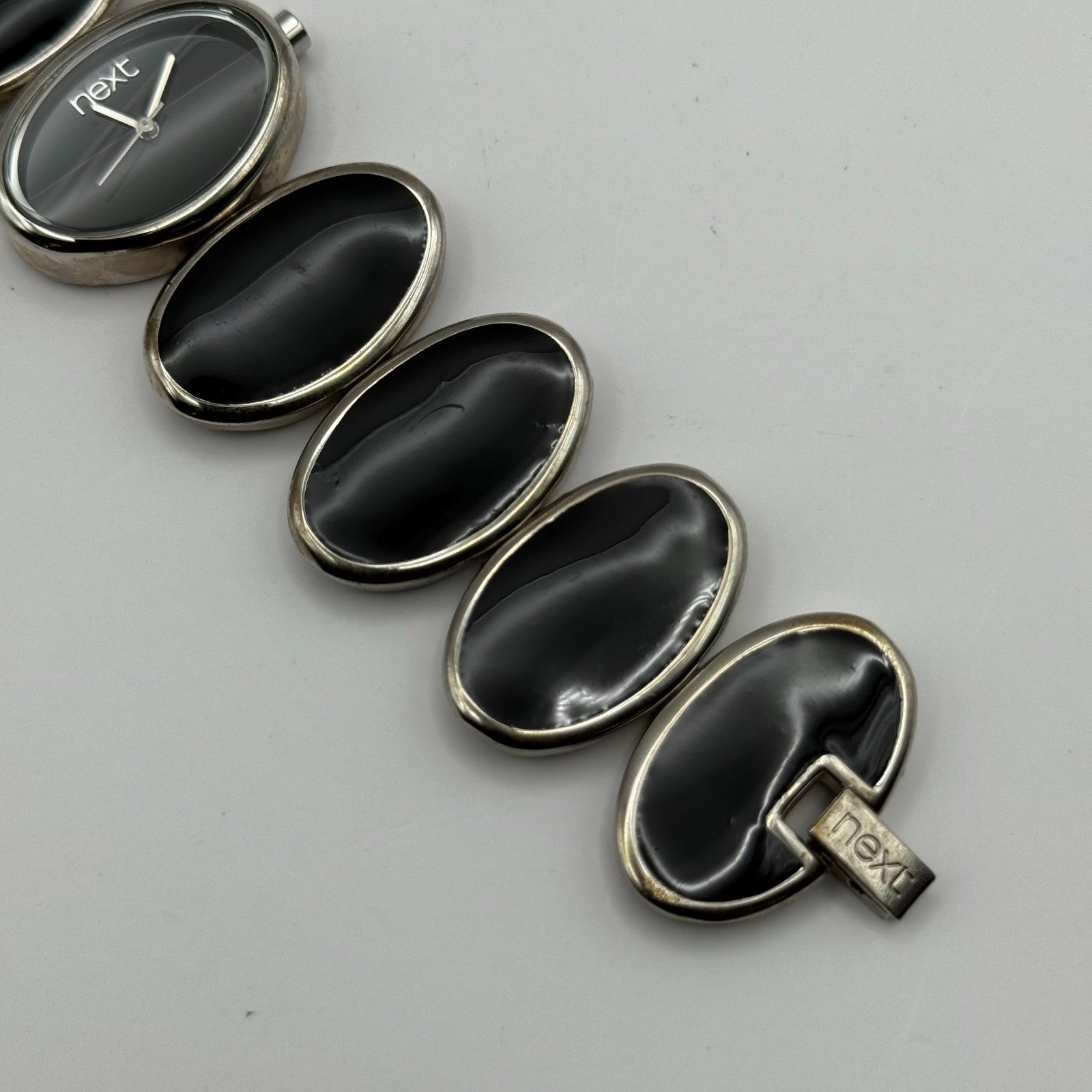 Next Ladies Quartz Watch Black Silver Tone Oval Bracelet Working 30mm 6 Inches