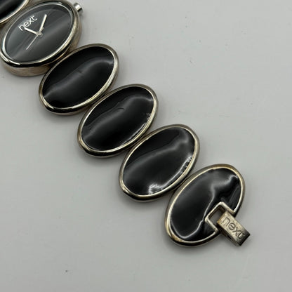 Next Ladies Quartz Watch Black Silver Tone Oval Bracelet Working 30mm 6 Inches
