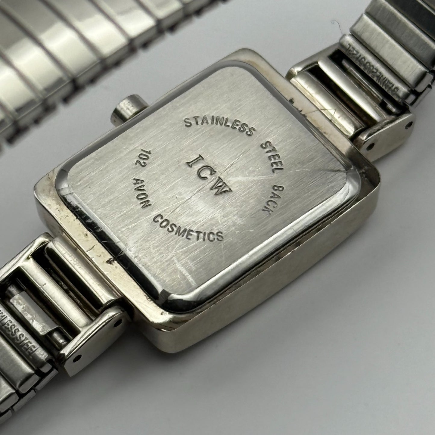 A Ladies Quartz Watch Rectangular Dial Silver Tone Stretch Band Working 19mm