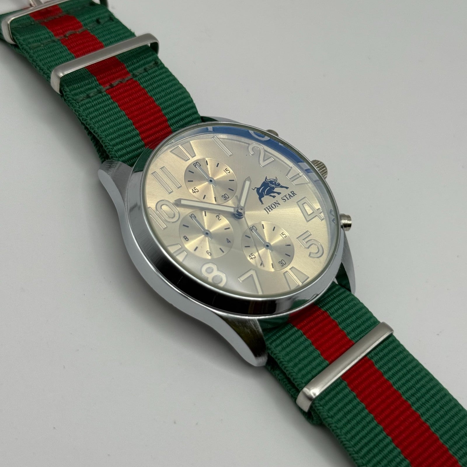 Jhon Star Men’s Quartz Watch Chronograph Gold Dial Green Red Strap Working 45mm