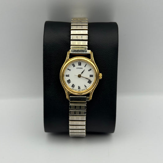 Citizen Ladies Quartz Watch White Dial Two Tone Stretch Band Japan Working 23mm