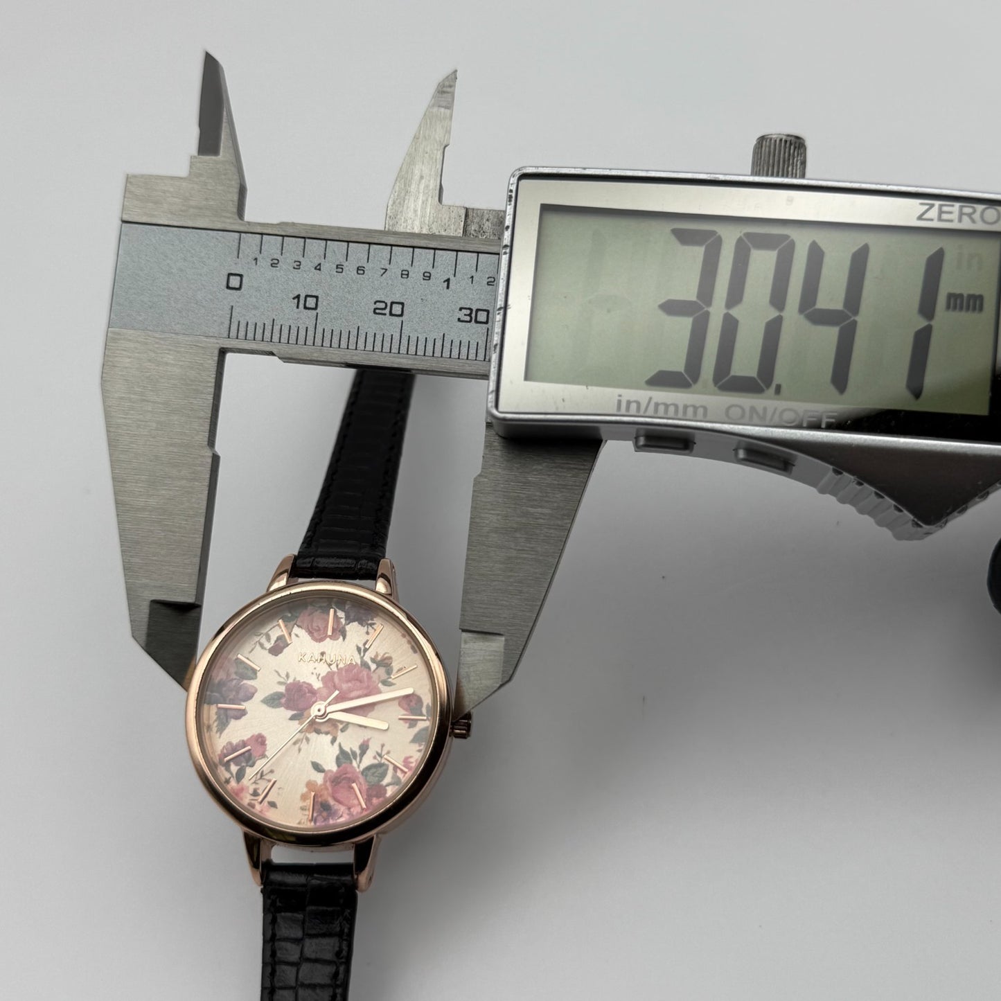 Kahuna Ladies Quartz Watch Floral Dial Black Leather Strap Working 30mm