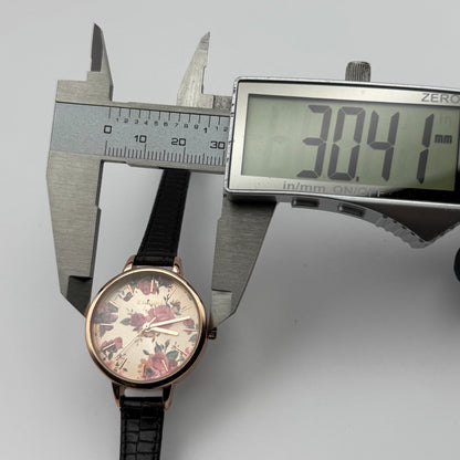 Kahuna Ladies Quartz Watch Floral Dial Black Leather Strap Working 30mm