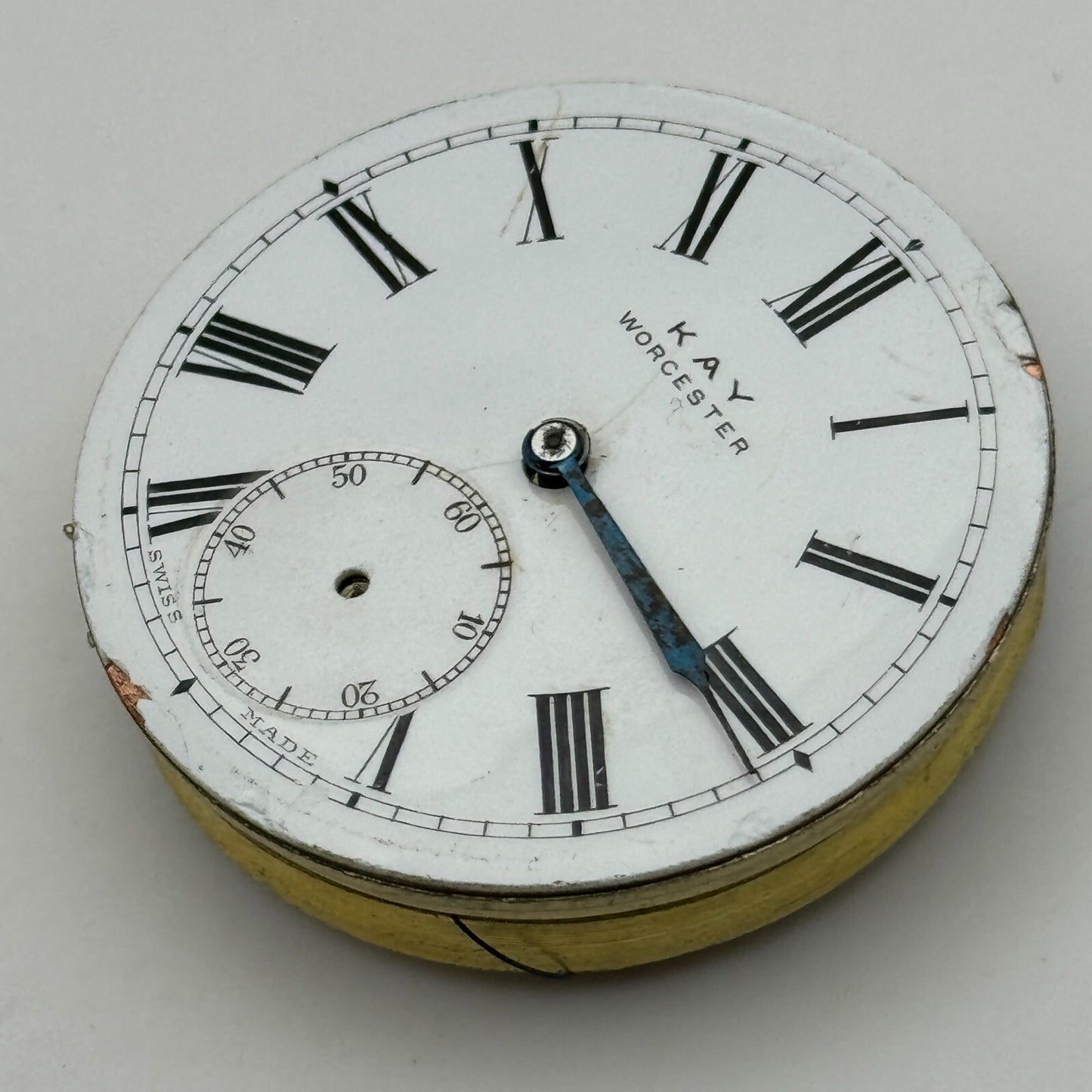 44.7mm Antique Kay Worcester Key Wound Pocket Watch Movement Dial PARTS REPAIR