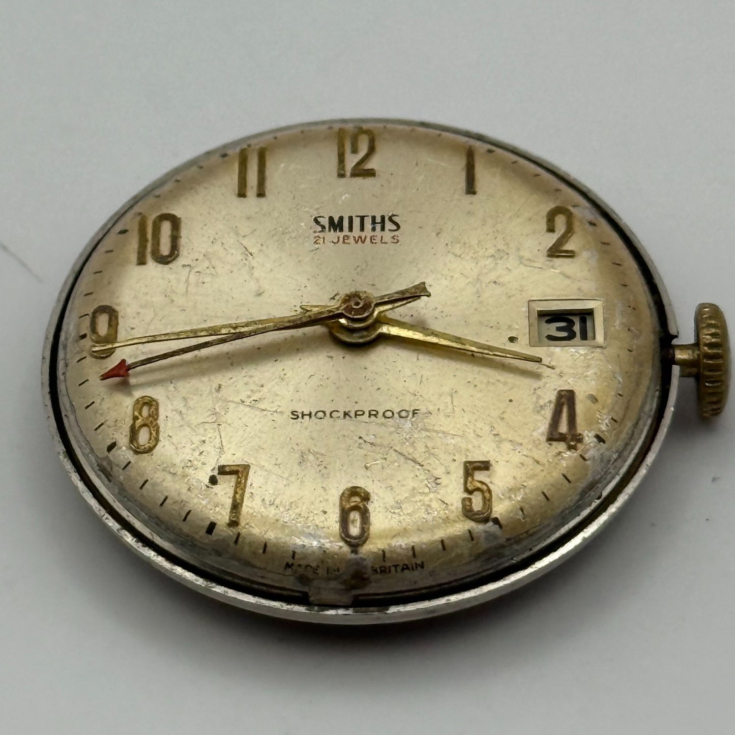 Smiths 21 Jewels Date Pointer Watch Movement Manual Wind Vintage Parts 30.4mm