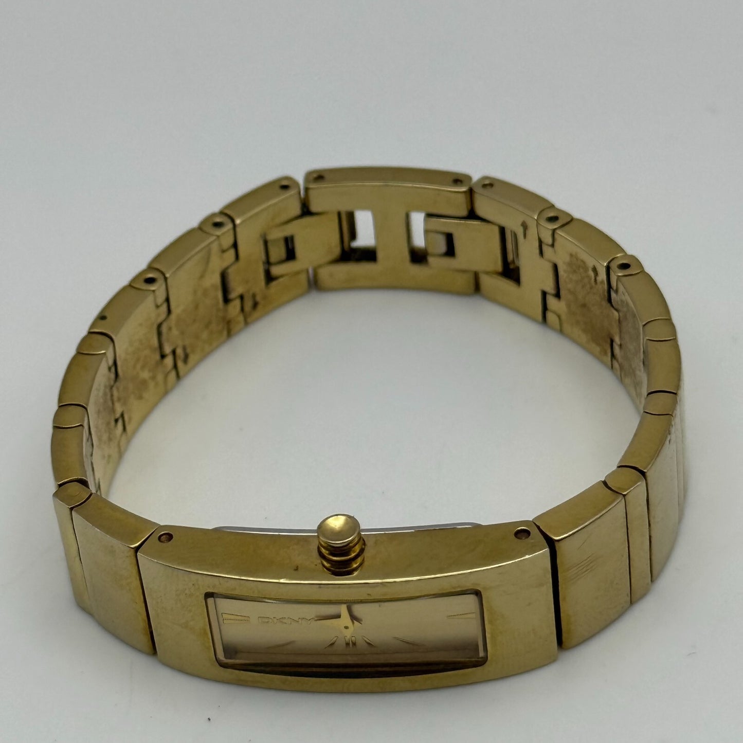 12mm Working Ladies Gold Plated DKNY NY-3814 Quartz Rectangle Watch 5.5 Inches