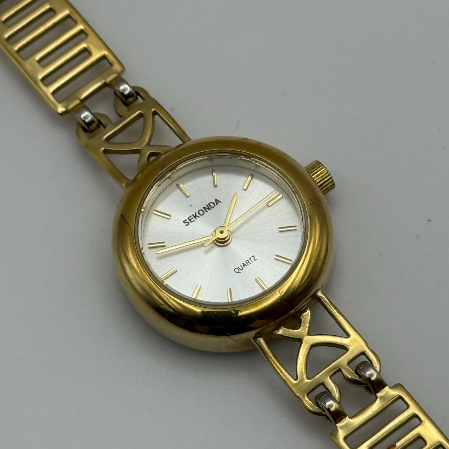 22mm Working Ladies Sekonda Gold Tone Panel Bracelet Quartz Watch 6 Inches