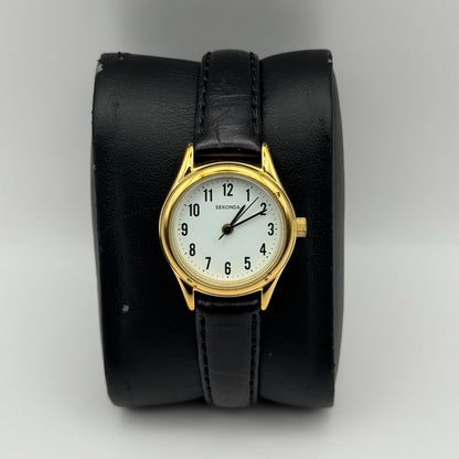 Sekonda Ladies Quartz Watch Gold Tone White Dial Leather Strap Working 25mm