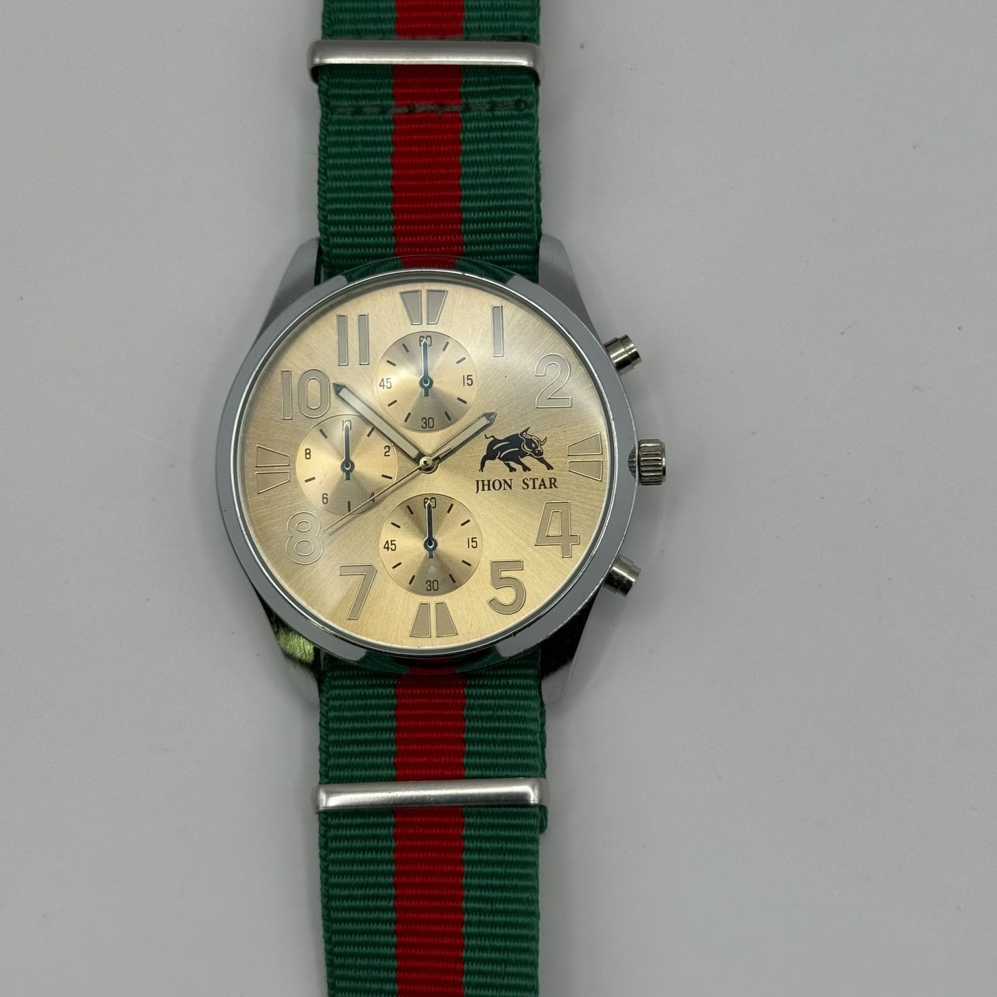 Jhon Star Men’s Quartz Watch Chronograph Gold Dial Green Red Strap Working 45mm