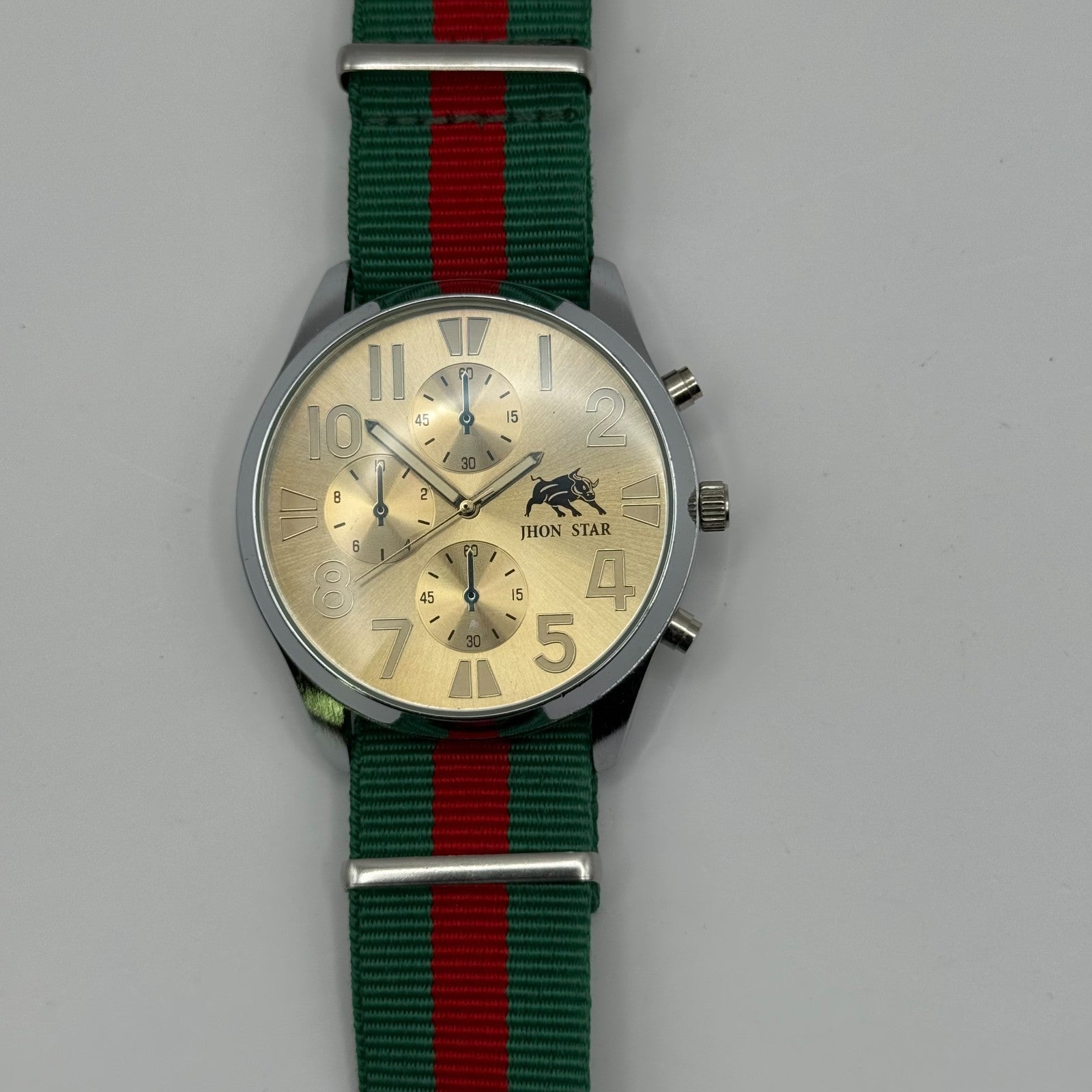 Jhon Star Men’s Quartz Watch Chronograph Gold Dial Green Red Strap Working 45mm