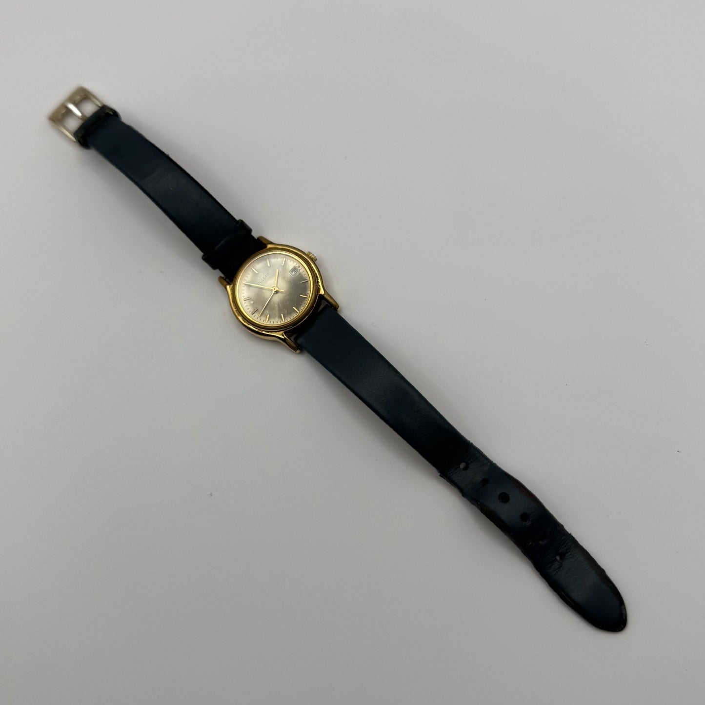 Pulsar Ladies Quartz Watch Date Dial Gold Tone Blue Leather Strap Working 24mm