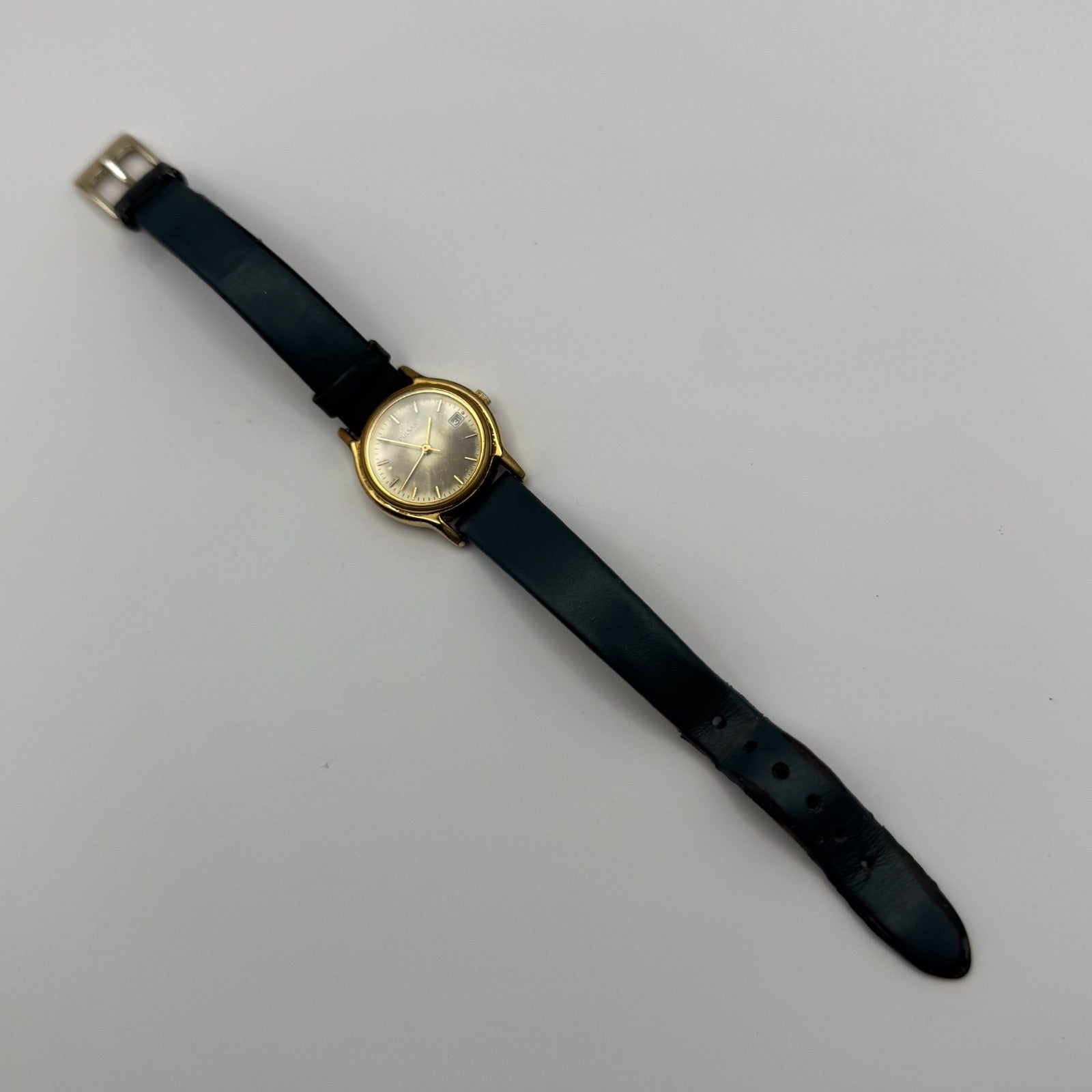 Pulsar Ladies Quartz Watch Date Dial Gold Tone Blue Leather Strap Working 24mm