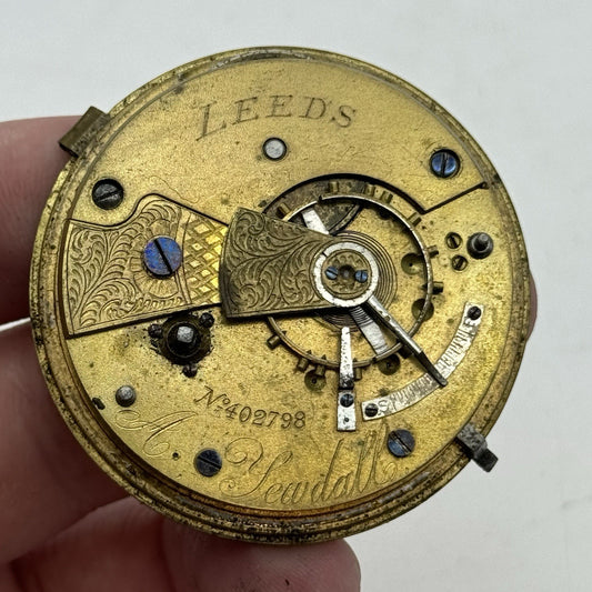 50mm A Yewdall Leeds English Fusee Pocket Watch Movement - Chain Present PARTS