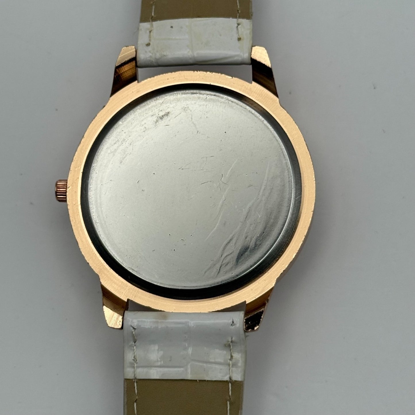 Gerryda Ladies Quartz Watch Rose Gold Crystal Accents White Strap Working 43mm