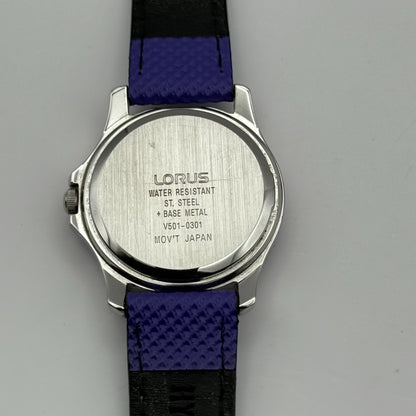Lorus Quartz Watch White Dial Purple Strap Bezel Japan Working 26mm New Battery