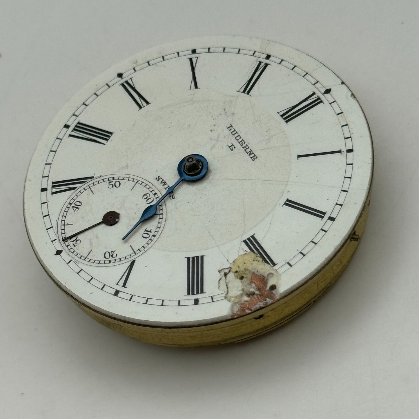 45.6mm Antique Lucerne E Swiss Key Wound Pocket Watch Movement PARTS REPAIR