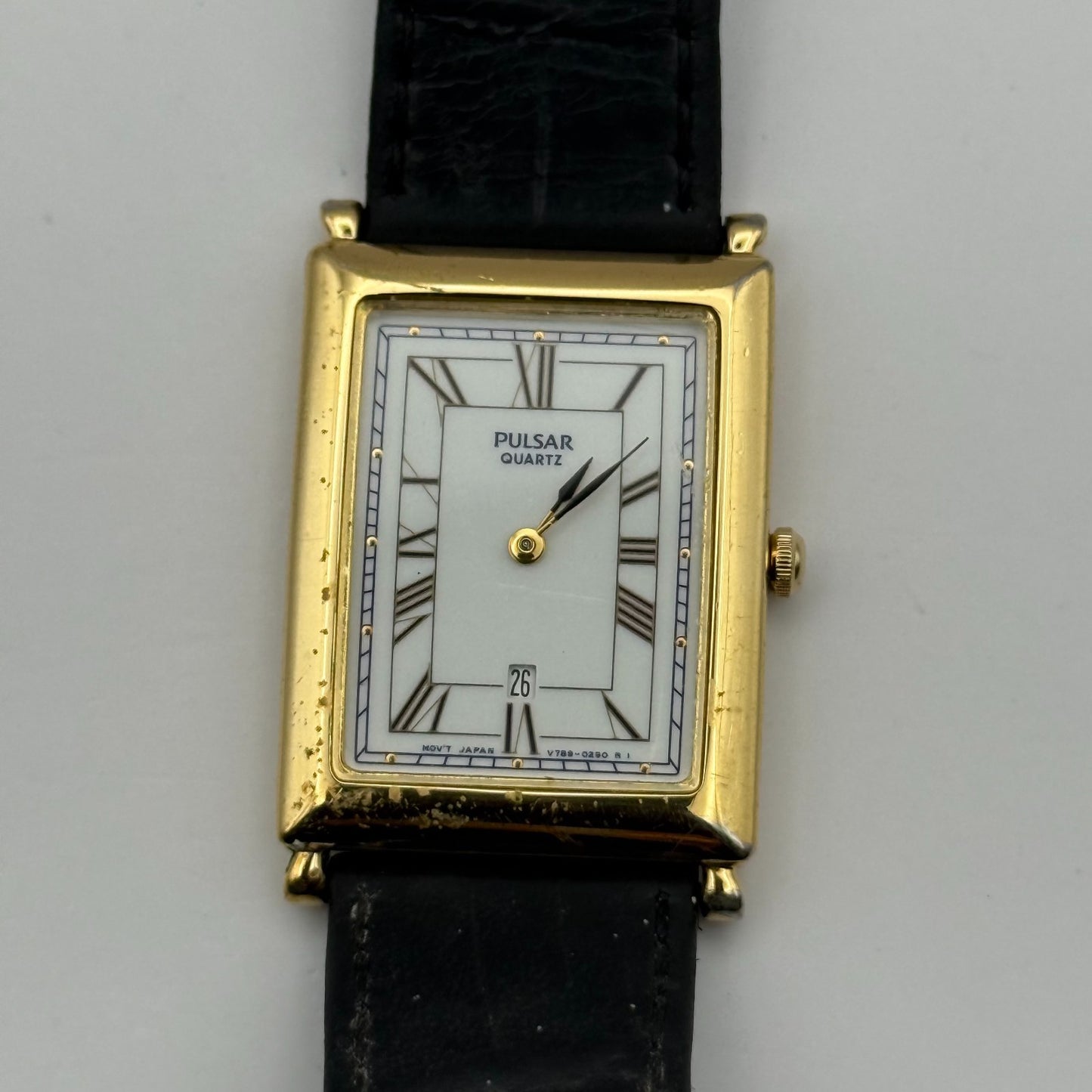 Pulsar Tank Watch Quartz Rectangular Date Dial Black Strap Japan Working 23mm