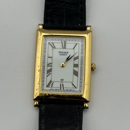 Pulsar Tank Watch Quartz Rectangular Date Dial Black Strap Japan Working 23mm