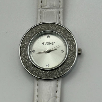 Evoke Ladies Quartz Watch Silver Dial Glitter Bezel White Strap Working 30mm