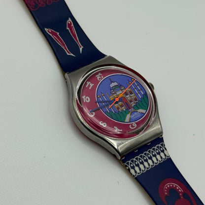 1992 Swatch Taj Mahal India Delhi Blue Strap Quartz Watch Swiss + Box 34mm