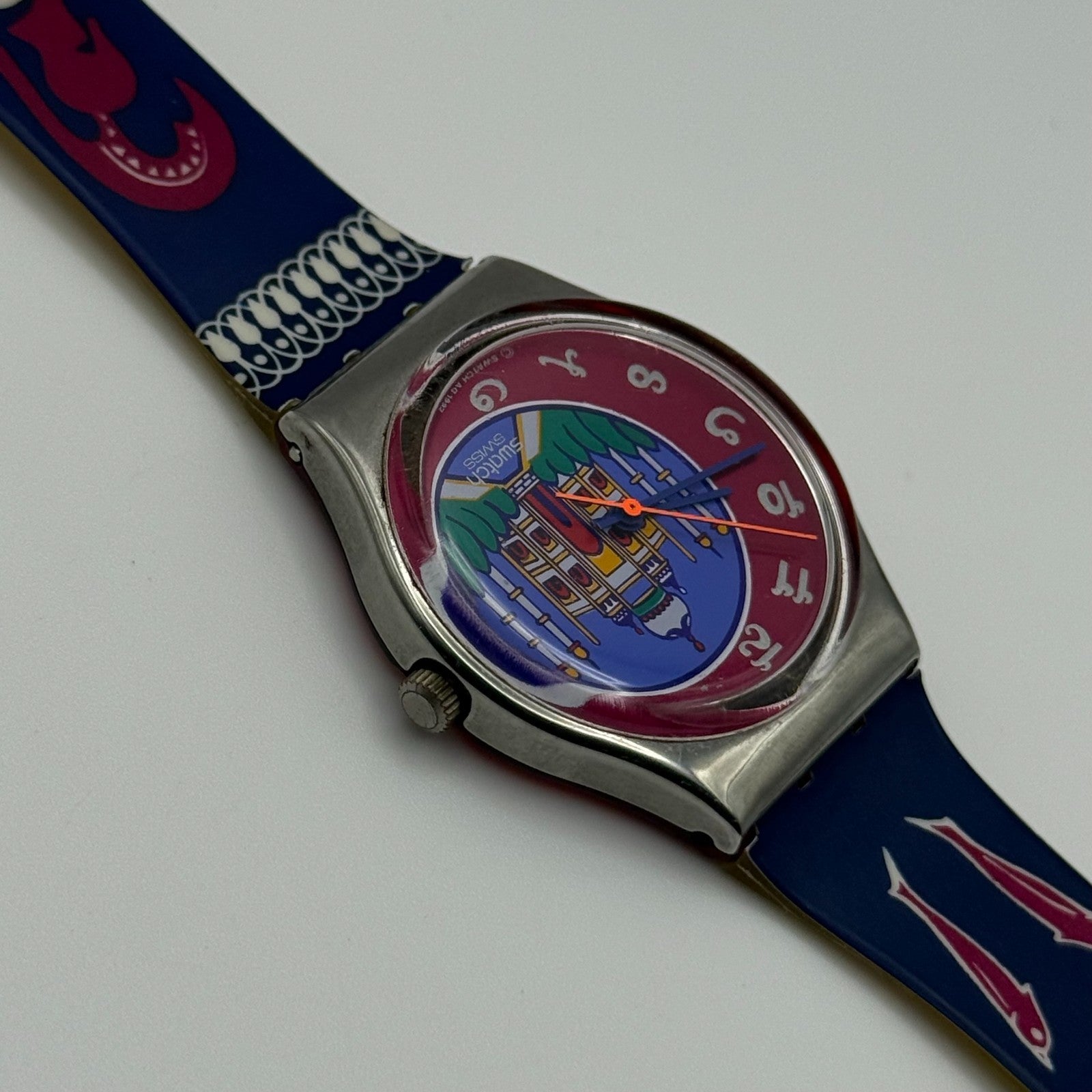 1992 Swatch Taj Mahal India Delhi Blue Strap Quartz Watch Swiss + Box 34mm