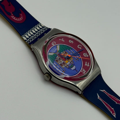 1992 Swatch Taj Mahal India Delhi Blue Strap Quartz Watch Swiss + Box 34mm