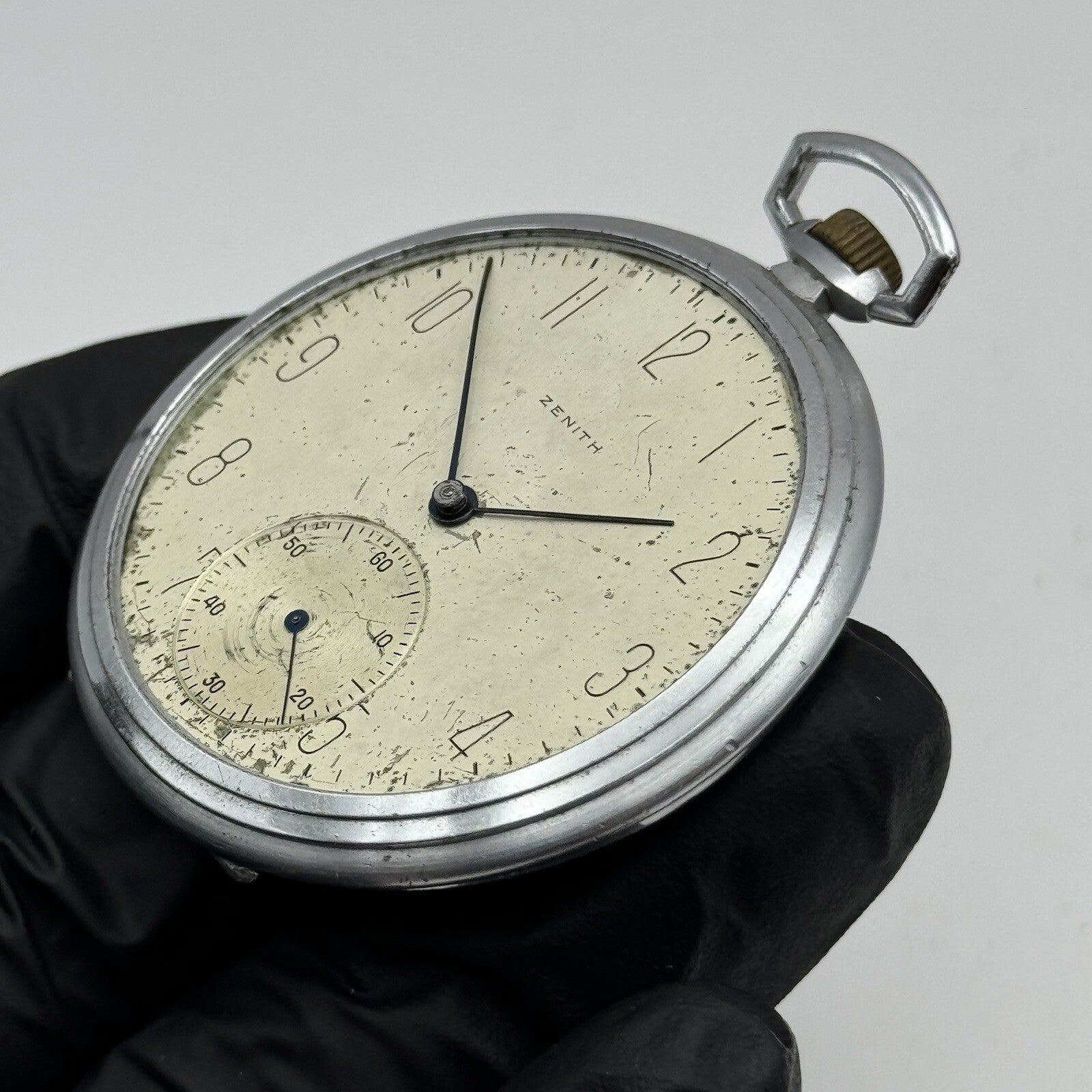 WORKING Art Deco Zenith 177 Sub Seconds Nickel Chrome Pocket Watch To Restore