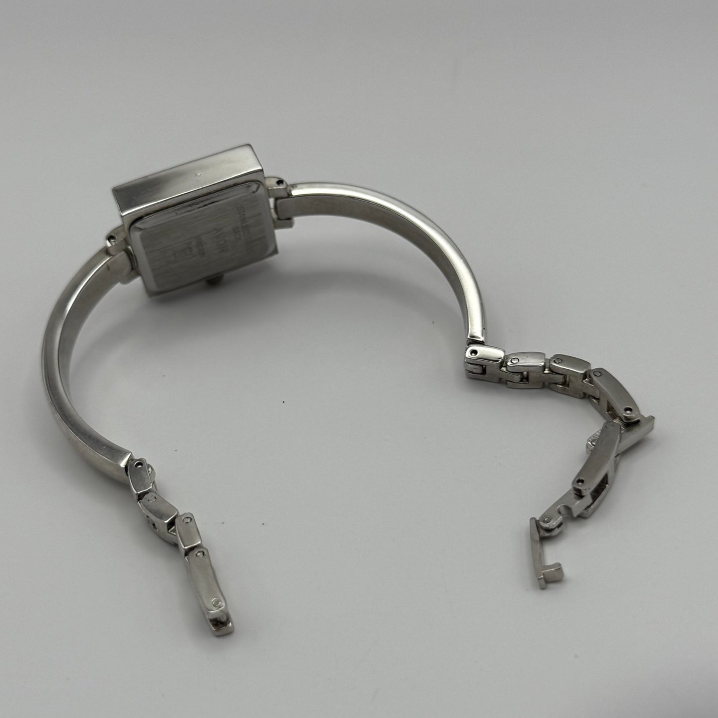 Avon Ladies Quartz Watch Square White Dial Silver Tone Bracelet Working 21mm