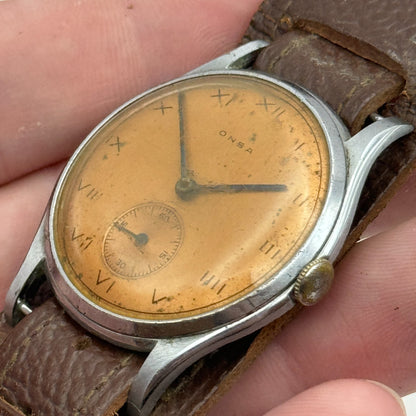 34mm Men’s Vintage Onsa Bund Strap Salmon Dial Manual Wind Watch TO RESTORE