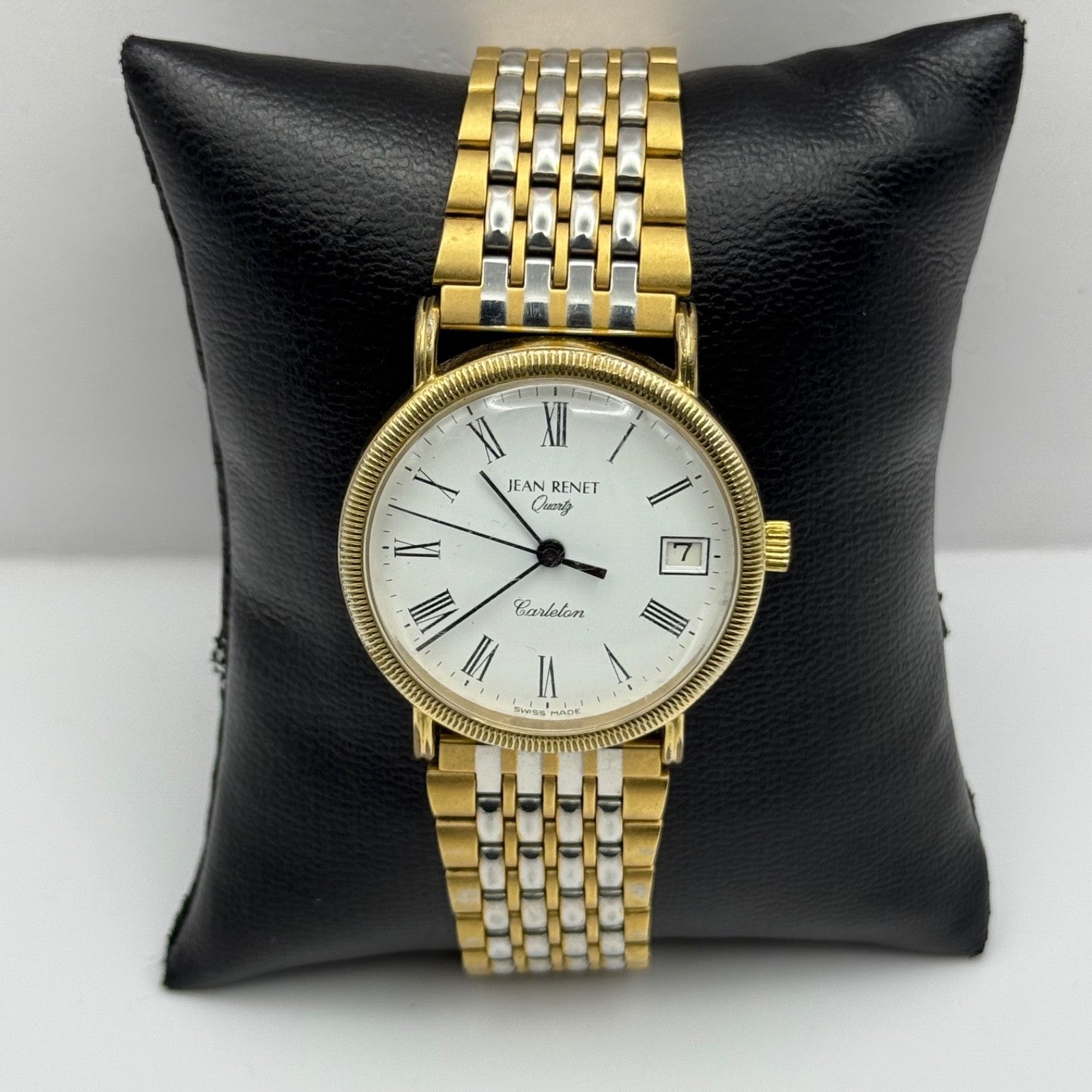 Jean Renet Carleton Watch Vintage Two Tone Bracelet Quartz Date Dial Swiss 33mm