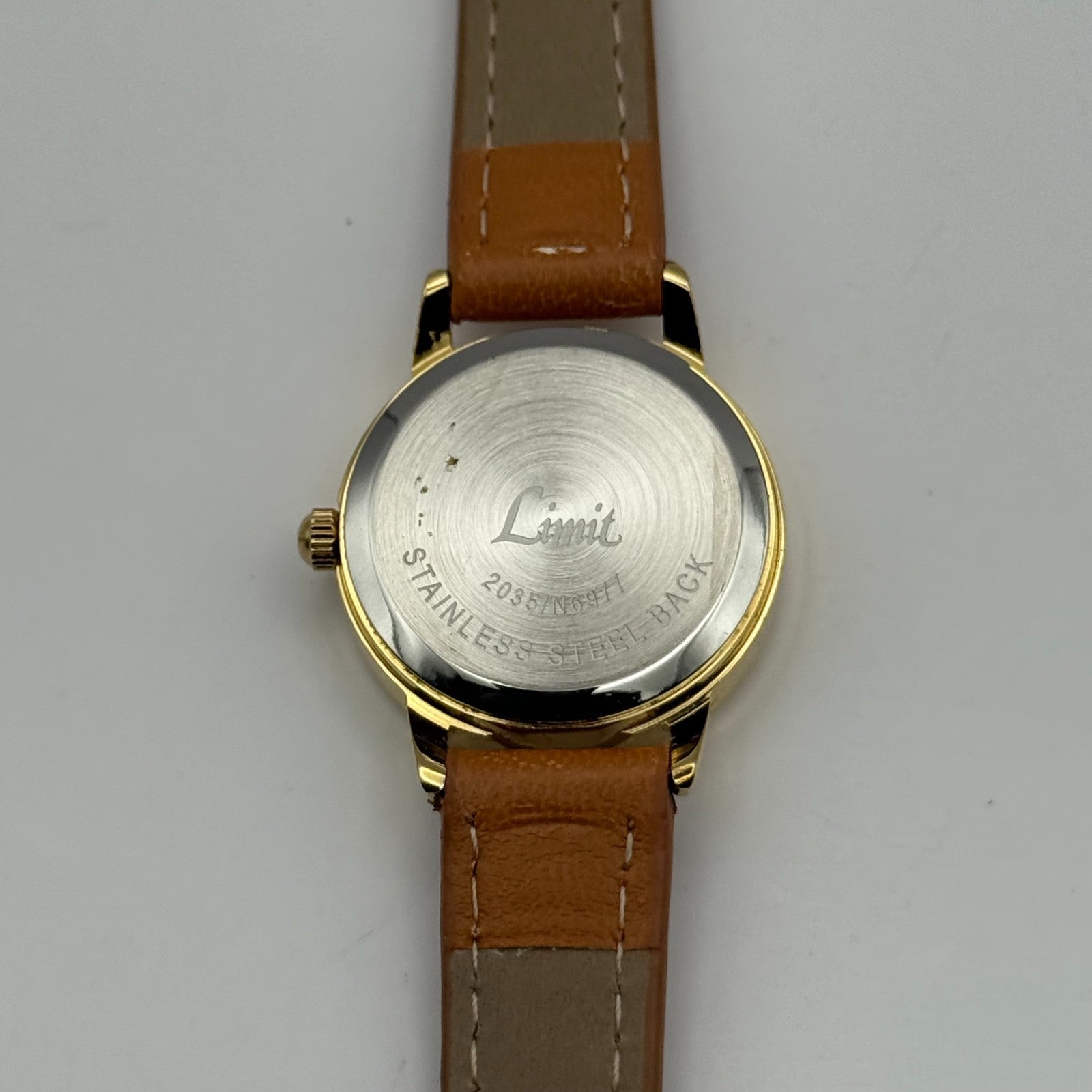 Limit Ladies Quartz Watch White Dial Gold Tone Case Brown Strap Working 25mm