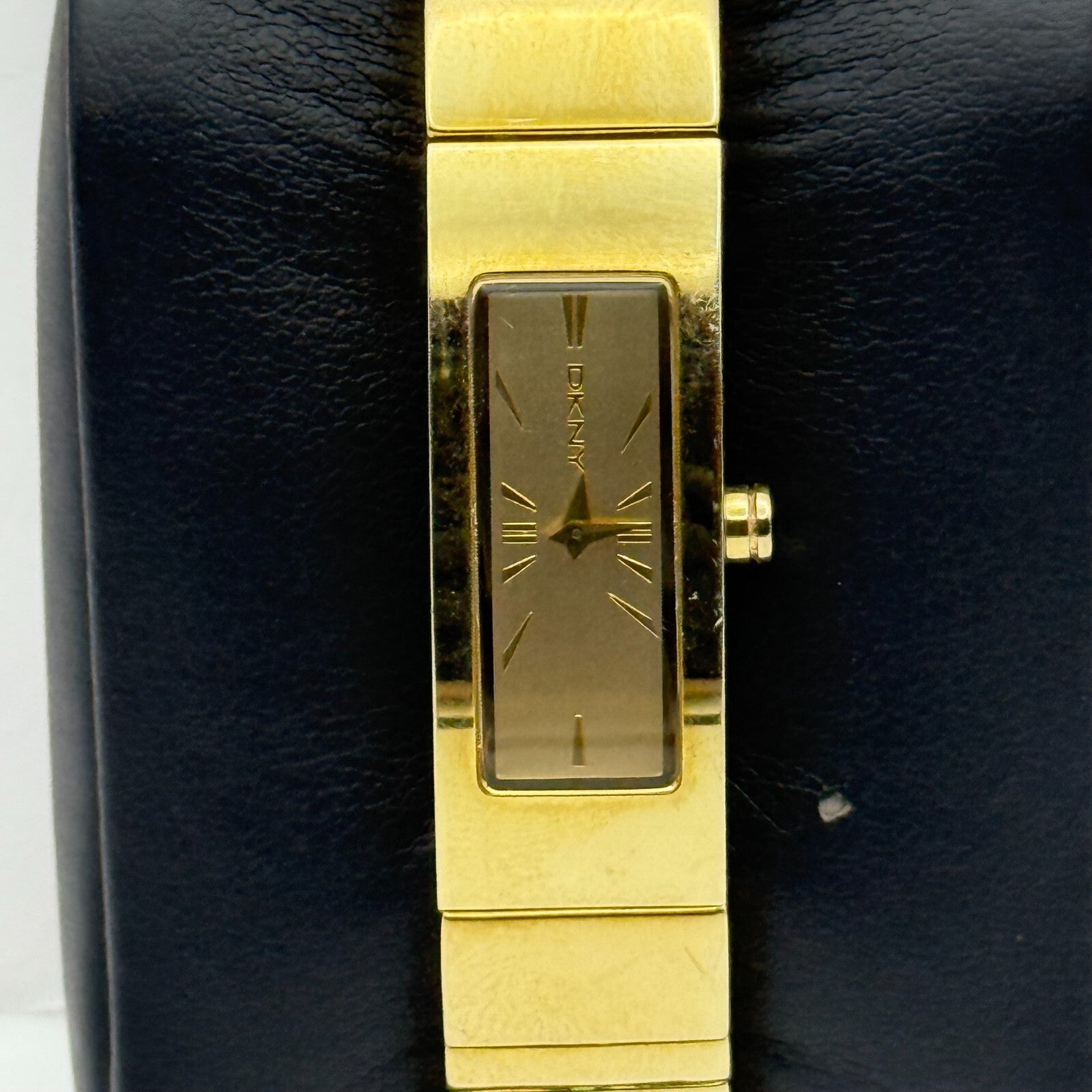 12mm Working Ladies Gold Plated DKNY NY-3814 Quartz Rectangle Watch 5.5 Inches