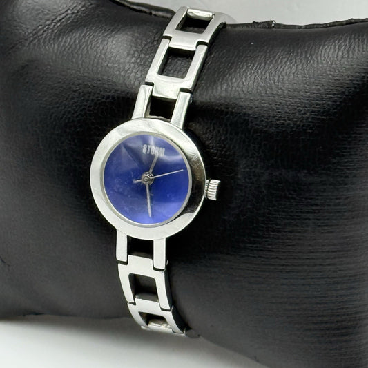 Working Storm Ladies Silver Tone Blue Dial Panel Bracelet 21mm Quartz Watch