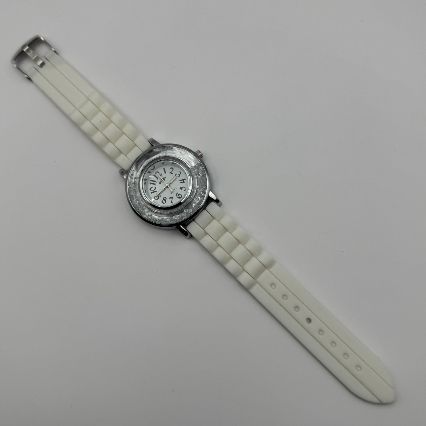 Ladies Fashion Quartz Watch Rhinestone Silver Tone White Strap Working 39mm