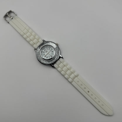 Ladies Fashion Quartz Watch Rhinestone Silver Tone White Strap Working 39mm