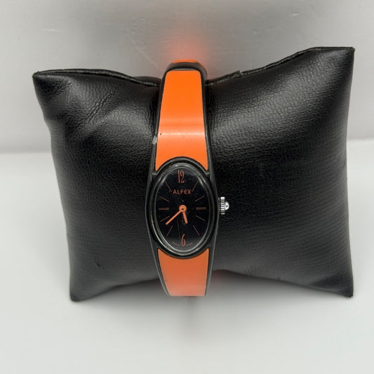 Vintage Alfex Bangle Watch Mechanical Manual Wind Black And Orange Swiss Working