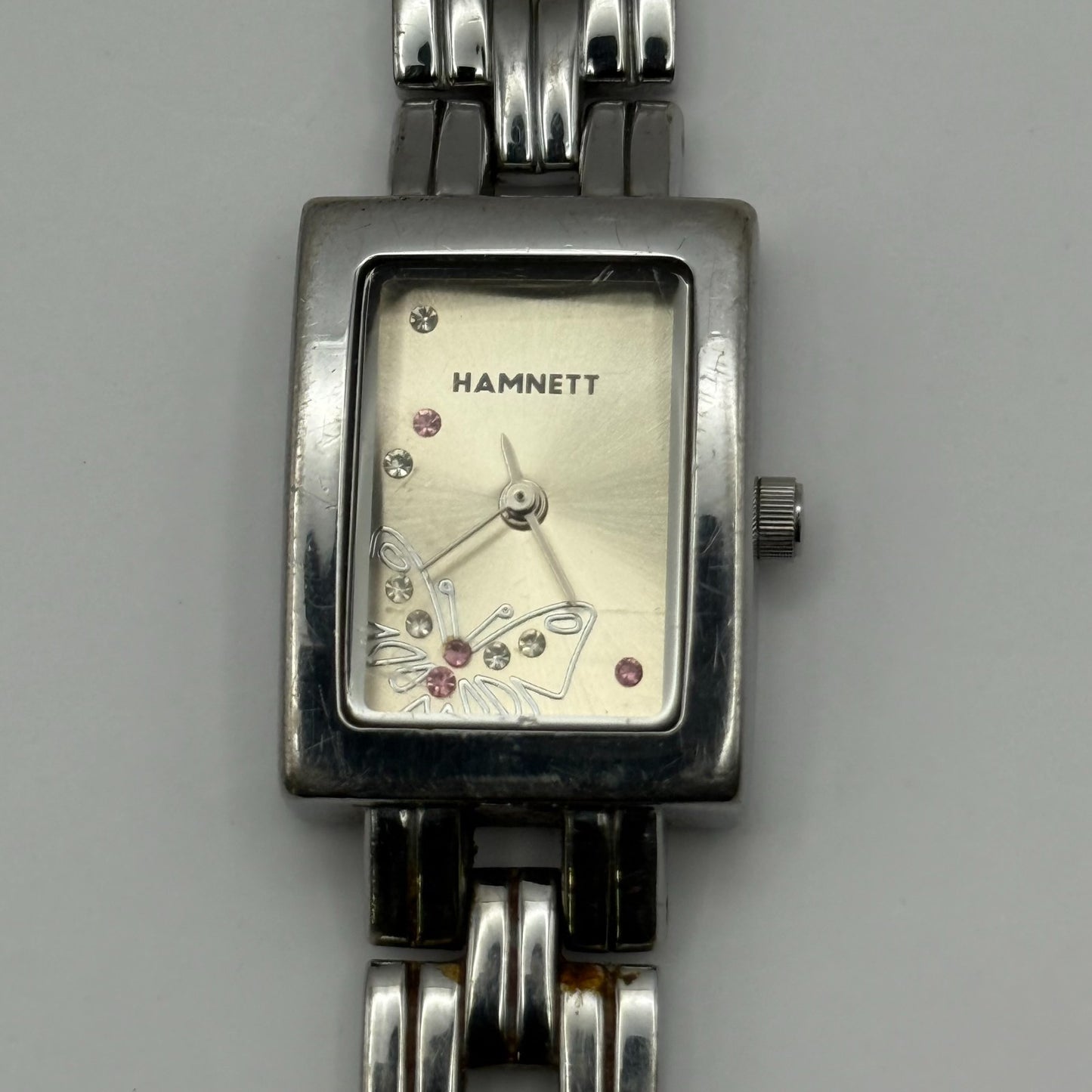 Hamnett Ladies Quartz Watch Butterfly Dial Silver Tone Bracelet Working 19mm