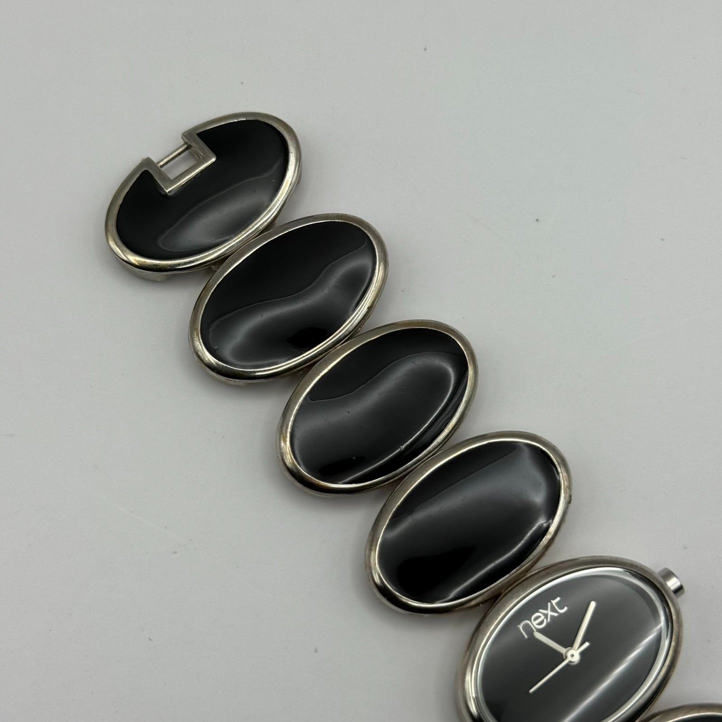 Next Ladies Quartz Watch Black Silver Tone Oval Bracelet Working 30mm 6 Inches