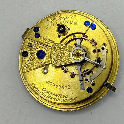 44.6mm Antique Kay Worcester Reversing Pinion Pocket Watch Movement PARTS