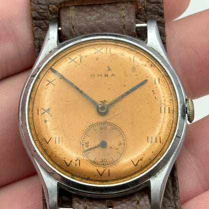 34mm Men’s Vintage Onsa Bund Strap Salmon Dial Manual Wind Watch TO RESTORE